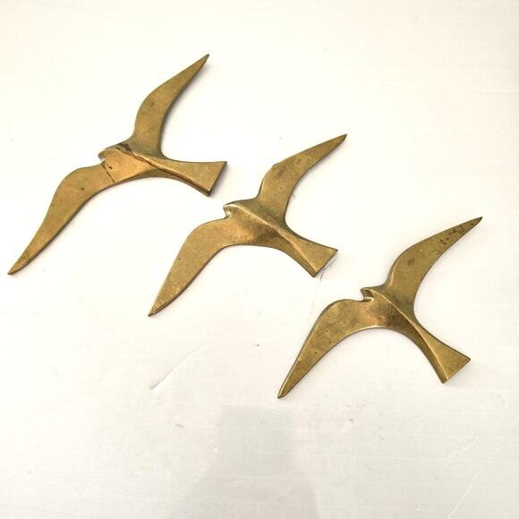 Vintage Mid Century Solid Brass Seagull Wall Hangers Set of 3 Coastal Nautical - Picture 1 of 12